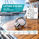 Boat Marine 316 Stainless Steel Lifting Eye Nut, UNC Tap Thread Rigging Hardware for Chain, Cable, Rope, and Dock Use - PACK 5