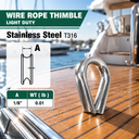 Stainless Steel T316 Light Duty Wire Rope Thimble, Marine Rigging Cable Eye Loop Protector for Boat, Dock, and Outdoor Use - PACK 10