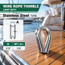 Stainless Steel T316 Light Duty Wire Rope Thimble, Marine Rigging Cable Eye Loop Protector for Boat, Dock, and Outdoor Use - PACK 10
