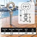 Marine Grade Stainless Steel Turned Eye Bolt, Eye Screw with Nut and Washers for Boat, Dock, Rigging, and Outdoor Use - PACK 10
