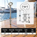 Marine Grade Stainless Steel Turned Eye Bolt, Eye Screw with Nut and Washers for Boat, Dock, Rigging, and Outdoor Use - PACK 10