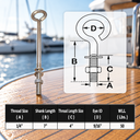 Marine Grade Stainless Steel Turned Eye Bolt, Eye Screw with Nut and Washers for Boat, Dock, Rigging, and Outdoor Use - PACK 10