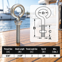 Marine Grade Stainless Steel Turned Eye Bolt, Eye Screw with Nut and Washers for Boat, Dock, Rigging, and Outdoor Use - PACK 10
