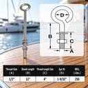 Marine Grade Stainless Steel Turned Eye Bolt, Eye Screw with Nut and Washers for Boat, Dock, Rigging, and Outdoor Use - PACK 10