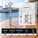 Marine Grade Stainless Steel Turned Eye Bolt, Eye Screw with Nut and Washers for Boat, Dock, Rigging, and Outdoor Use - PACK 10