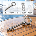T316 Stainless Steel Marine Shoulder Eye Bolt, 3/8" Fully Threaded Eye Screw in 4", 6", and 12" Lengths