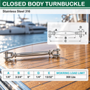 T316 Stainless Steel Closed Body Jaw Jaw Turnbuckle, Marine Grade Rigging Tensioner for Cable, Chain, Rope, and Boat Hardware - PACK 5