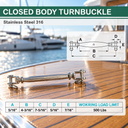 T316 Stainless Steel Closed Body Jaw Jaw Turnbuckle, Marine Grade Rigging Tensioner for Cable, Chain, Rope, and Boat Hardware - PACK 5