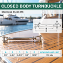 T316 Stainless Steel Closed Body Jaw Jaw Turnbuckle, Marine Grade Rigging Tensioner for Cable, Chain, Rope, and Boat Hardware - PACK 5