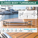 T316 Stainless Steel Closed Body Jaw Jaw Turnbuckle, Marine Grade Rigging Tensioner for Cable, Chain, Rope, and Boat Hardware - PACK 5