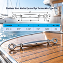 Marine Grade T316 Stainless Steel Eye-to-Eye Closed Body Turnbuckle for Boat Rigging, Cable Railing, Wire Rope Tensioning - PACK 5