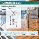 Marine Boat T316 Stainless Steel Turned Eye Bolt, Eye Screw with Nut and Washer Included for Dock, Deck, and Rigging Use