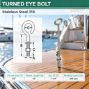 Marine Boat T316 Stainless Steel Turned Eye Bolt, Eye Screw with Nut and Washer Included for Dock, Deck, and Rigging Use