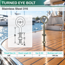 Marine Boat T316 Stainless Steel Turned Eye Bolt, Eye Screw with Nut and Washer Included for Dock, Deck, and Rigging Use