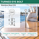 Marine Boat T316 Stainless Steel Turned Eye Bolt, Eye Screw with Nut and Washer Included for Dock, Deck, and Rigging Use