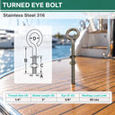 Marine Boat T316 Stainless Steel Turned Eye Bolt, Eye Screw with Nut and Washer Included for Dock, Deck, and Rigging Use