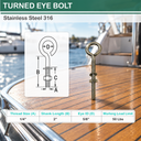 Marine Boat T316 Stainless Steel Turned Eye Bolt, Eye Screw with Nut and Washer Included for Dock, Deck, and Rigging Use