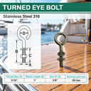 Marine Boat T316 Stainless Steel Turned Eye Bolt, Eye Screw with Nut and Washer Included for Dock, Deck, and Rigging Use