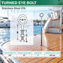 Marine Boat T316 Stainless Steel Turned Eye Bolt, Eye Screw with Nut and Washer Included for Dock, Deck, and Rigging Use