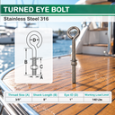 Marine Boat T316 Stainless Steel Turned Eye Bolt, Eye Screw with Nut and Washer Included for Dock, Deck, and Rigging Use