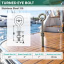 Marine Boat T316 Stainless Steel Turned Eye Bolt, Eye Screw with Nut and Washer Included for Dock, Deck, and Rigging Use