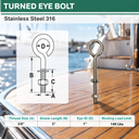 Marine Boat T316 Stainless Steel Turned Eye Bolt, Eye Screw with Nut and Washer Included for Dock, Deck, and Rigging Use