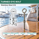 Marine Boat T316 Stainless Steel Turned Eye Bolt, Eye Screw with Nut and Washer Included for Dock, Deck, and Rigging Use