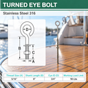 Marine Boat T316 Stainless Steel Turned Eye Bolt, Eye Screw with Nut and Washer Included for Dock, Deck, and Rigging Use