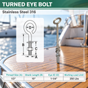 Marine Boat T316 Stainless Steel Turned Eye Bolt, Eye Screw with Nut and Washer Included for Dock, Deck, and Rigging Use