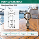 Marine Boat T316 Stainless Steel Turned Eye Bolt, Eye Screw with Nut and Washer Included for Dock, Deck, and Rigging Use