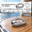 UNC Tap Thread Eye Nut, 316 Stainless Steel Marine Grade Boat Rigging Nut for Lifting, Chain, Cable, and Rope - PACK 2