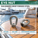 Hot-Dipped Galvanized Eye Nut, Drop Forged Carbon Steel Tap Thread Lifting and Rigging Hardware for Chain, Cable, and Rope - PACK 5