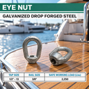 Hot-Dipped Galvanized Eye Nut, Drop Forged Carbon Steel Tap Thread Lifting and Rigging Hardware for Chain, Cable, and Rope - PACK 5