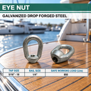 Hot-Dipped Galvanized Eye Nut, Drop Forged Carbon Steel Tap Thread Lifting and Rigging Hardware for Chain, Cable, and Rope - PACK 5
