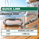 Stainless Steel T316 Quick Link Shackle, Marine Grade Chain Connector for Boat, Rope, Cable, Rigging, and Outdoor Use - PACK 5