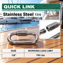 Stainless Steel T316 Quick Link Shackle, Marine Grade Chain Connector for Boat, Rope, Cable, Rigging, and Outdoor Use - PACK 5