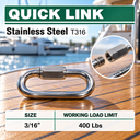 Stainless Steel T316 Quick Link Shackle, Marine Grade Chain Connector for Boat, Rope, Cable, Rigging, and Outdoor Use - PACK 5