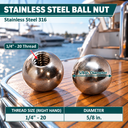 Marine T316 Stainless Steel 1/4" - 20 Thread Left Hand, Right Hand Ball Nut UNC Cap Dome Bolt - PACK 5