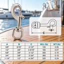 T316 Stainless Steel Swivel Eye Snap Hook, Marine Boat Rigging Clip for Dock, Deck, Sailing, Rope, Cable Hardware - PACK 5