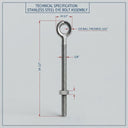 T316 Stainless Steel Fully Threaded 5/8" x 12" Welded Eye Bolt 2400 Lbs WLL