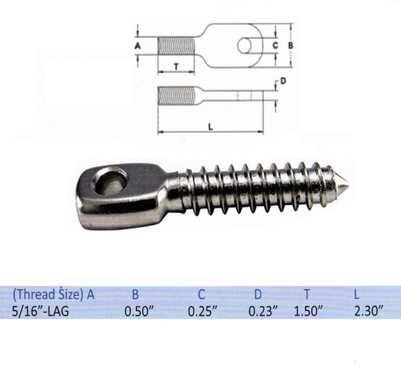 2-1/8"L T316SS Threaded Eye Tab Bolt With Set Of 5 PC 5/16&