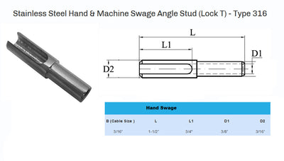 Set of 5 Hand Swage Angle Stud for Cable Railing 316 Stainless Steel - 3/16" Cable