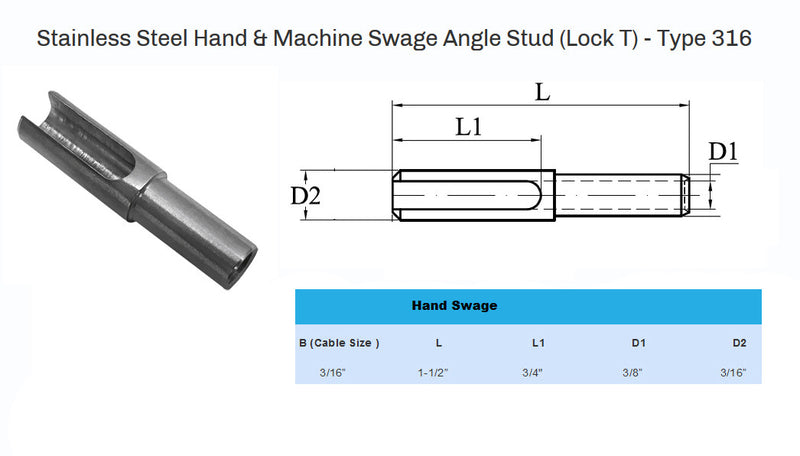 Set of 5 Hand Swage Angle Stud for Cable Railing 316 Stainless Steel - 3/16" Cable
