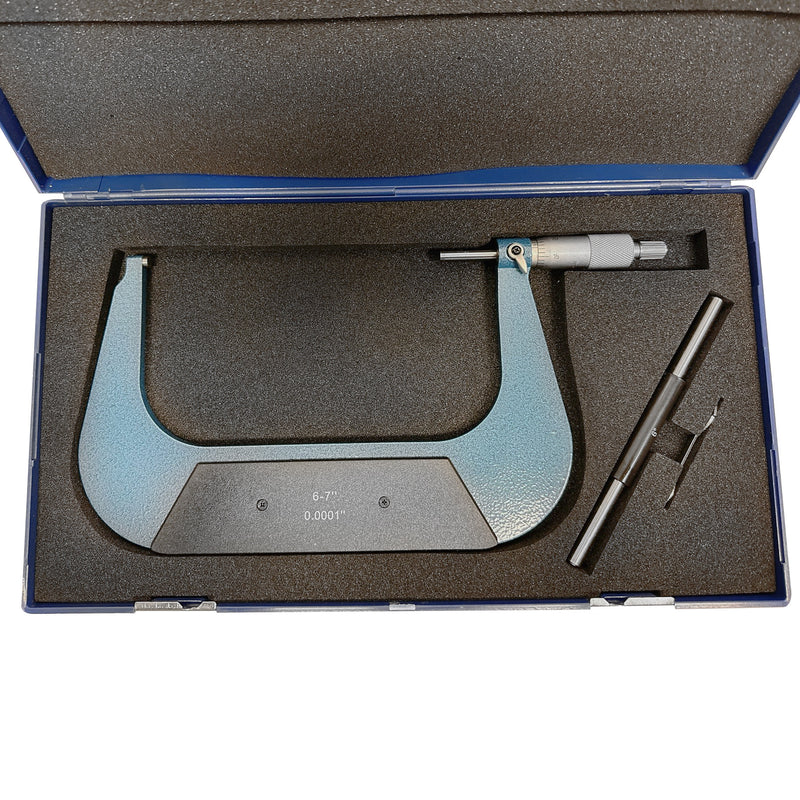 Outside Micrometer 6" - 7" Range, 0.0001" Graduation ,Ratchet Stop, Solid Metal Frame