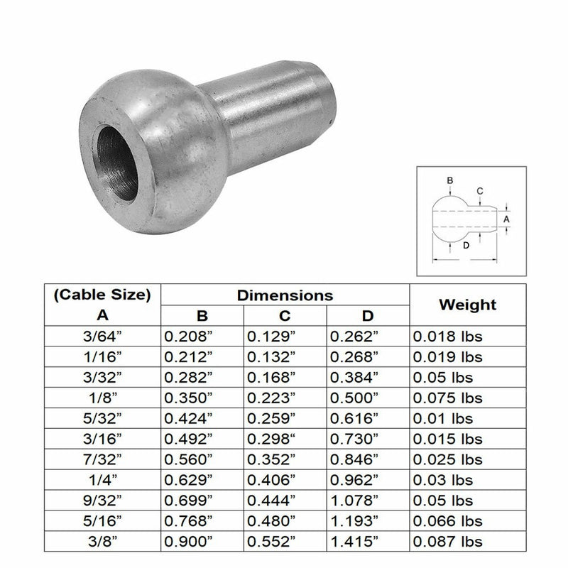 Single Shank Ball Set 10 PC 3/16” Stainless Steel 316 Swage Fitting Terminal Cable Wire Rope