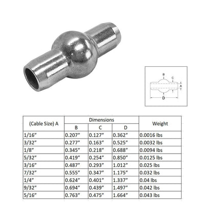 1 PC Double Shank Ball 1/4” Stainless Steel 316 Swage Fitting Industrial Wire Rope Terminal Cable