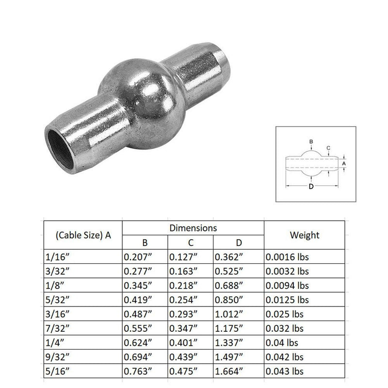 1 PC Double Shank Ball 3/16” Stainless Steel 316 Swage Fitting Industrial Wire Rope Terminal Cable