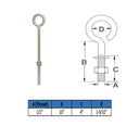 1/2" x 10" Stainless Steel Forge Style Marine Wire Turned Eye Bolt 250 Lb Cap.