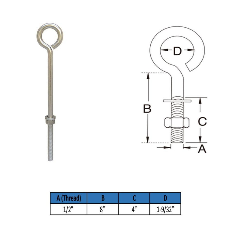 1/2" x 8" Stainless Steel Forge Style Marine Wire Turned Eye Bolt 250 Lb