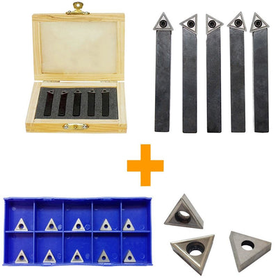 1/4'' Indexable Carbide Insert Lathe Turning Tool Bit + 10 Pc Tips COMBO - 5 PC